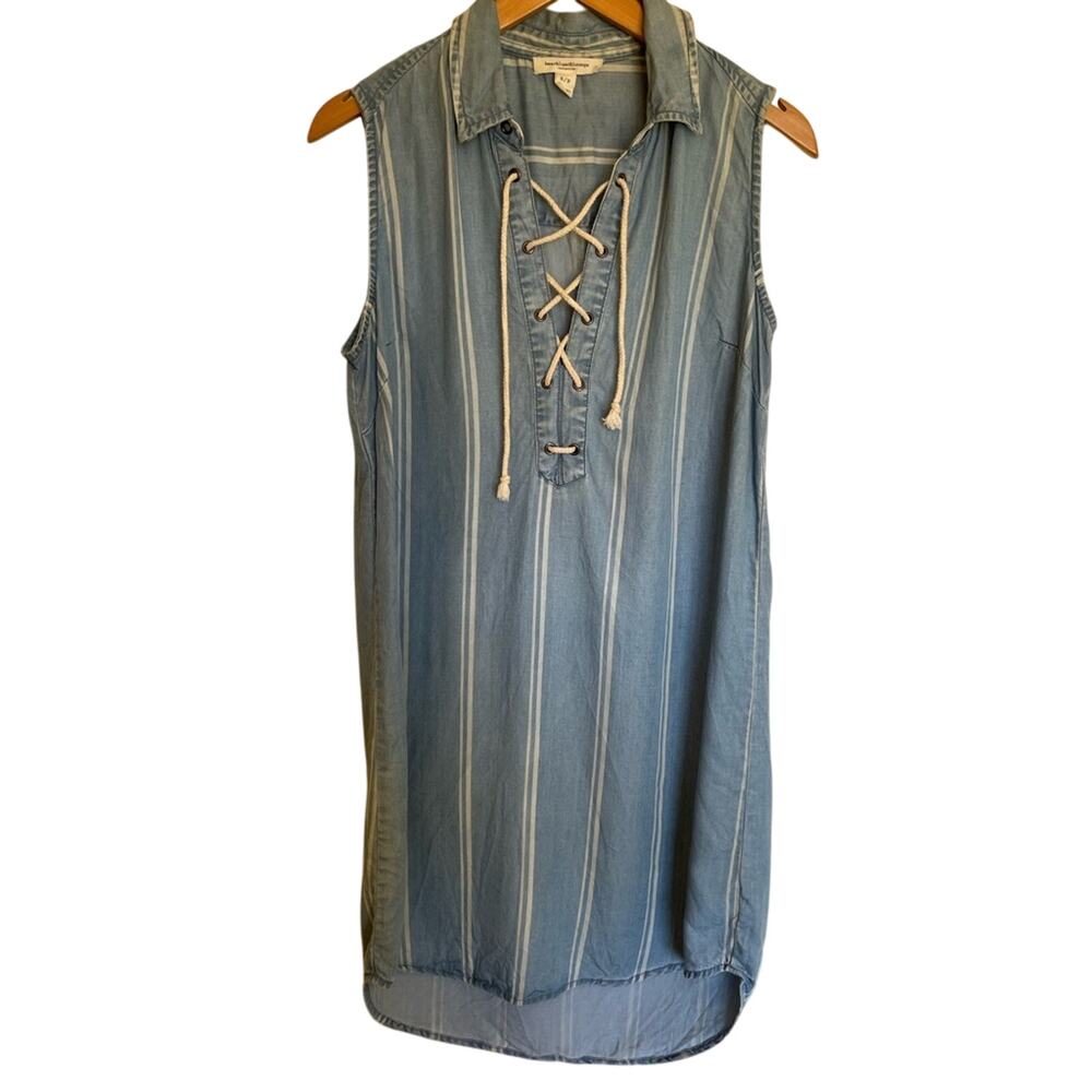 BeachLunchLounge Chambray Striped Lace Up Collar Mini Sleeveless Sun Dress Small